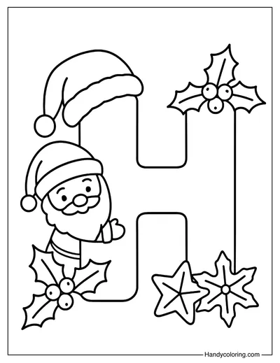 Letter H Christmas Holly and Santa Hat Coloring Page
