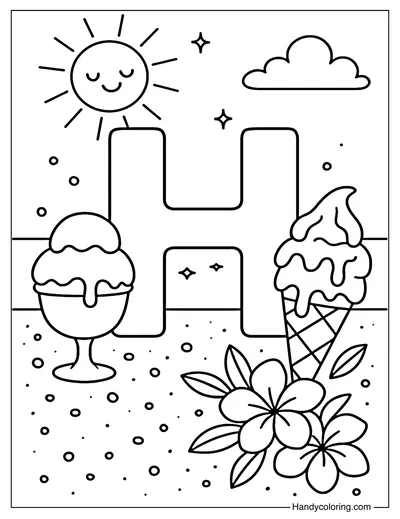 Letter H Ice Cream Summer Coloring Page
