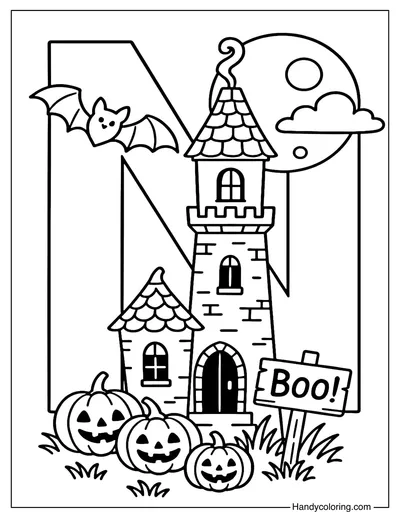 Letter N Night Castle Coloring Page