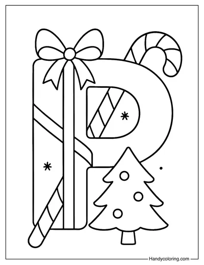 Letter P Christmas Presents and Candy Cane Coloring Page