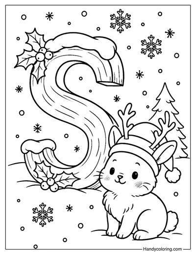Letter S Christmas Snow Bunny Coloring Page