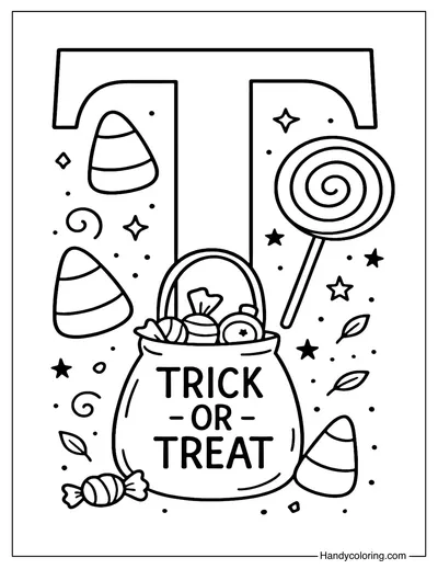 Letter T Trick or Treat Coloring Page