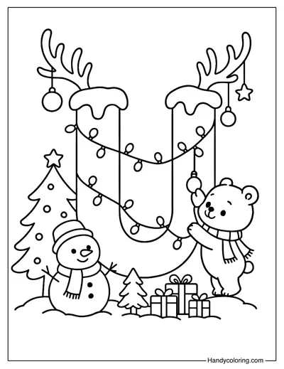 Letter U Christmas Friends Coloring Page