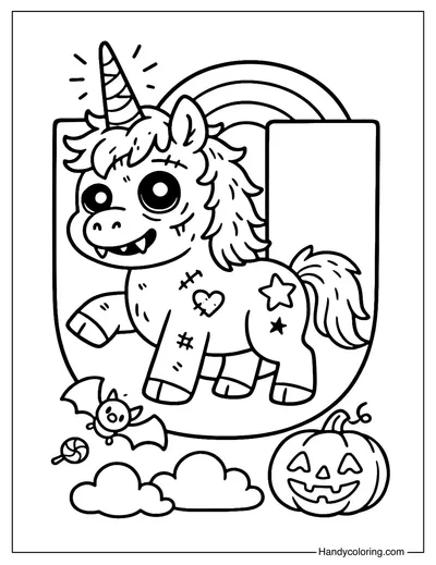 Letter U Undead Unicorn Coloring Page