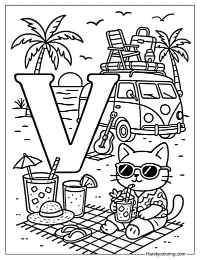 Letter V Vacation Van Coloring Page
