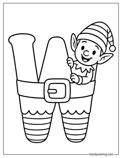 Letter W Christmas Elf Lights Coloring Page