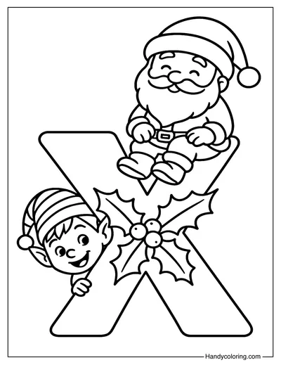 Letter X Christmas Santa and Elf Coloring Page