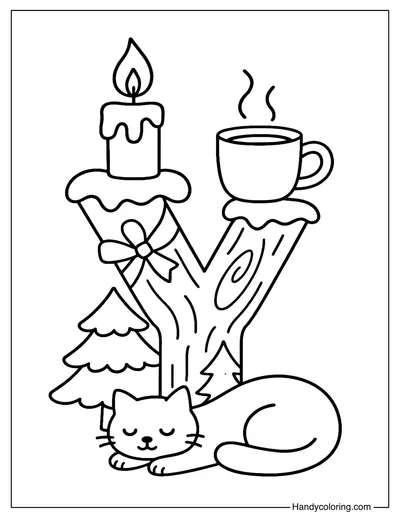 Letter Y Christmas Yule Log and Cocoa Coloring Page