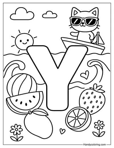 Letter Y Yacht and Yummy Fruits Coloring Page