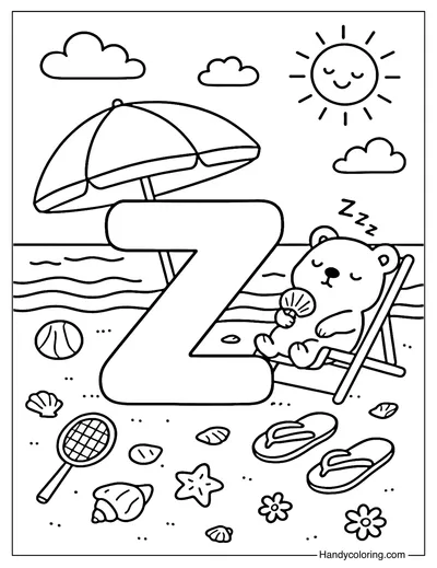 Letter Z at the Beach Coloring Page