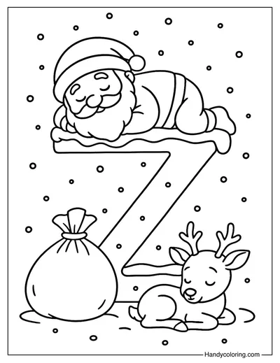 Letter Z Christmas Santa Sleeping Coloring Page