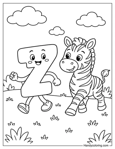 Letter Z Strolling with a Zebra in a Meadow