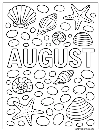 Lettering August with Shells Coloring Page