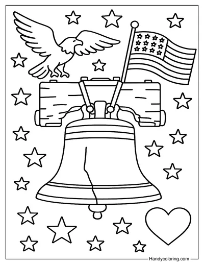 Liberty Bell with Patriotic Symbols Coloring Page