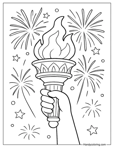 Liberty Torch With Fireworks Coloring Page
