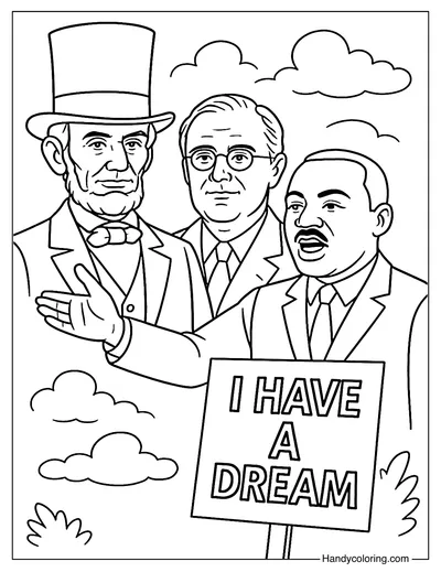 Lincoln, Roosevelt and MLK Jr Tribute Coloring Page