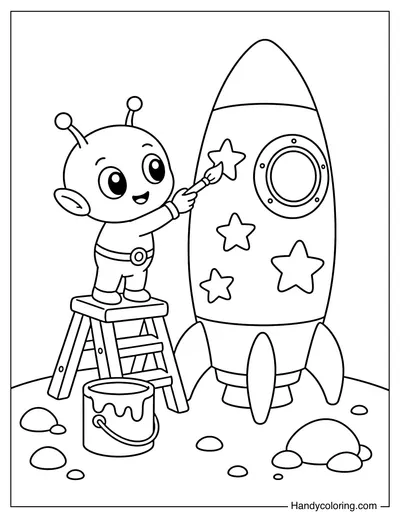 Little Alien Painting a Rocket with Stars