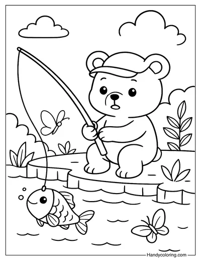 Little Bear Fishing Coloring Page