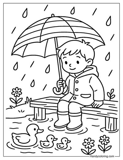 Little Boy with Ducklings Coloring Page