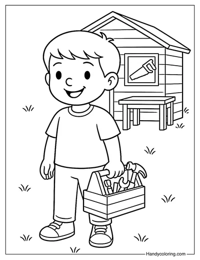 Little Carpenter with Toolbox Coloring Page
