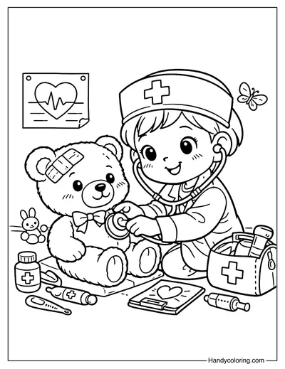 Little Doctor and Teddy Bear Coloring Page