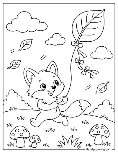 Little Fox Flying a Leaf Kite