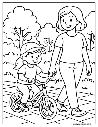 Little Girl Biking with Mom Coloring Page