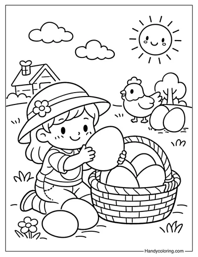 Little Girl Collecting Eggs From The Basket