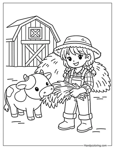 Little Girl Feeding Cow Grass On The Farm