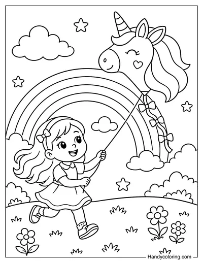 Little Girl Flying Unicorn Kite in Rainbow Sky