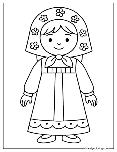 Little Girl in Russian Dress Coloring Page