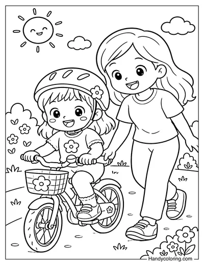 Little Girl Learning to Bike with Mom