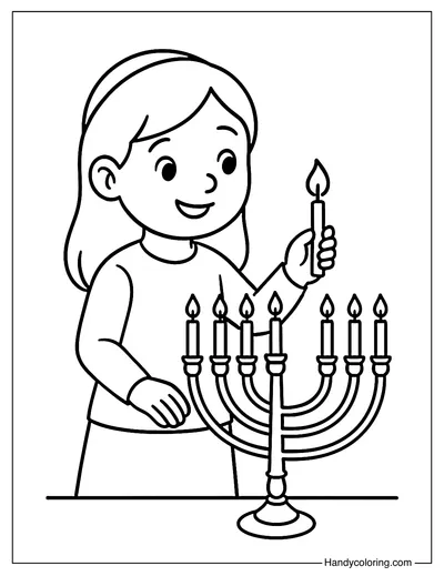 Little Girl Lighting Menorah Coloring Page