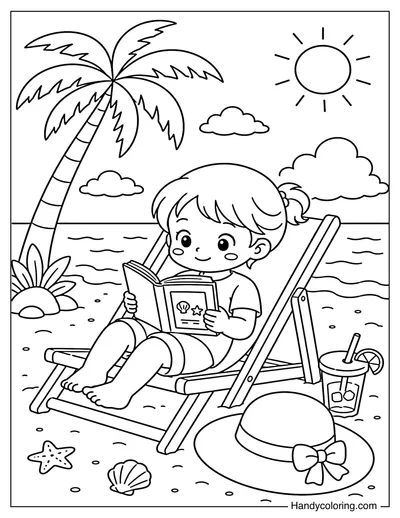 Little Girl Lying On A Beach Chair Reading A Book