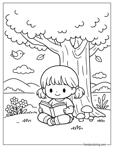 Little Girl Reading A Book Under A Tree