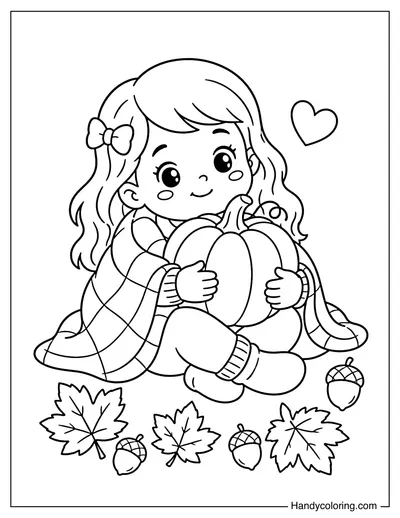 Little Girl Snuggling with Pumpkin and Blanket