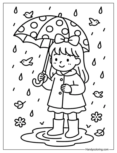 Little Girl with Polka Dot Umbrella Coloring Page