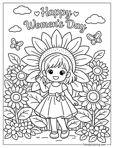 Little Girl with Sunflower Women's Day Coloring