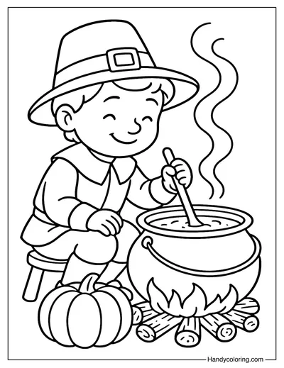 Little Pilgrim Cooking Soup Coloring Page