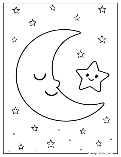Little Star and Moon Coloring Page