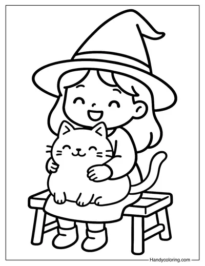 Little Witch and Her Cat Coloring Page