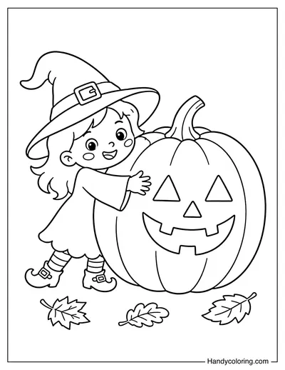 Little Witch Hugging Giant Pumpkin