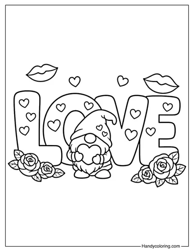 LOVE Gnome Valentine Coloring Page