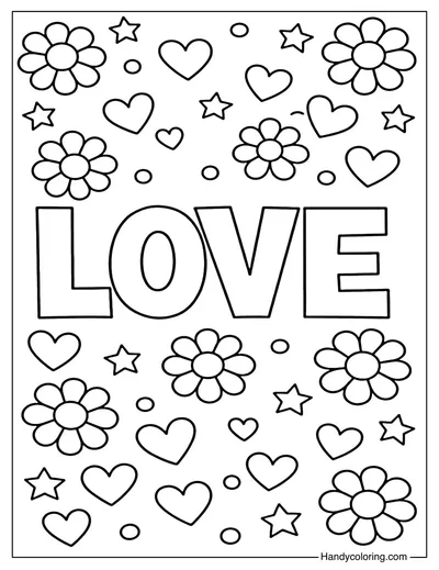 Love with Flowers and Stars Coloring Page