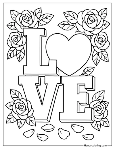 Love with Heart and Roses Coloring Page