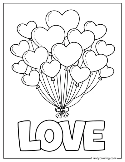 Love with Heart Balloons Coloring Page