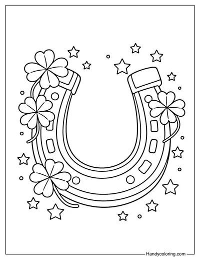 Lucky Horseshoe and Clover Coloring Page