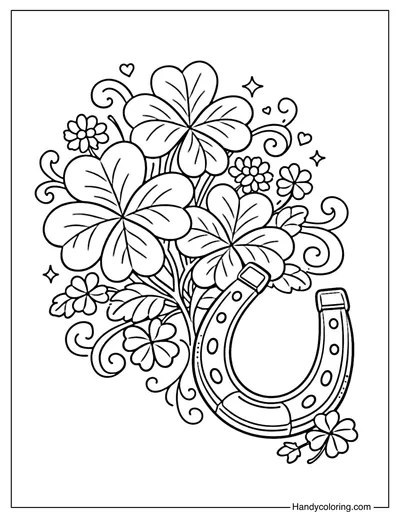 Lucky Shamrock and Horseshoe Coloring Page