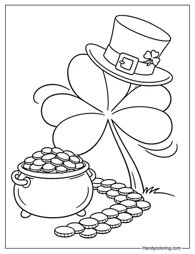 Lucky Shamrock with Pot of Gold Coloring Page