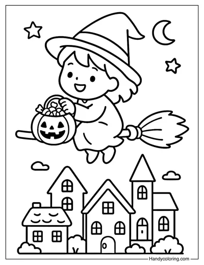 Magical Broom Trick or Treat Coloring Page